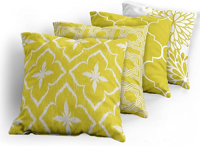 Ambesonne Vintage Throw Pillow Cushion Case Pack of 4, Monochrome Design Grid Trellis Quatrefoil Mesh and Dahlia Flowers Modern Print, Modern Accent Double-Sided Digital Printing, 16", Yellow White