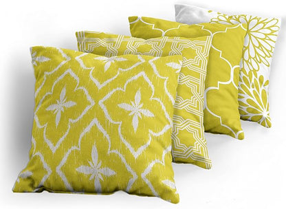 Ambesonne Vintage Throw Pillow Cushion Case Pack of 4, Monochrome Design Grid Trellis Quatrefoil Mesh and Dahlia Flowers Modern Print, Modern Accent Double-Sided Digital Printing, 16", Yellow White