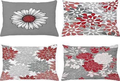 Ambesonne Floral Throw Pillow CushiCase Pack 4, Flower Petals Modern Color Palette Chamomile Peony Dahlia Sunflower Print, Modern Accent Double-Sided Digital Printing, 20" x 12", Grey Dark Pink