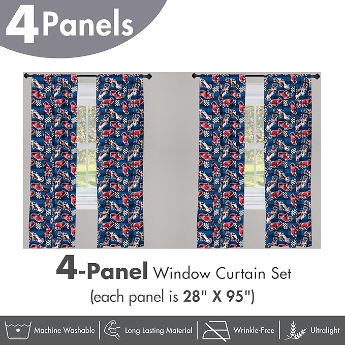 Ambesonne Cars Window Curtains Pack of 2, Vintage Racing Cars on Blue Stripes with Checkered Flags Automobile Sports, Lightweight Set with Rod Pocket, 4 Panels of - 28" x 95", Navy Blue