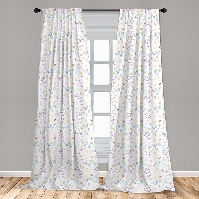 Ambesonne Cartoon Curtains, Drawing Style Elephants Teddy Bears Flowers Butterflies Bees Pattern, Window Treatments 2 Panel Set for Living Room Bedroom, Pair of - 28" x 63", Blue White