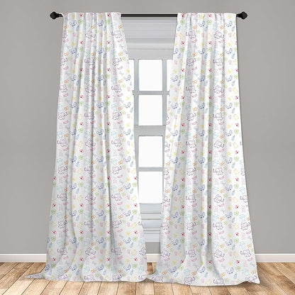 Ambesonne Cartoon Curtains, Drawing Style Elephants Teddy Bears Flowers Butterflies Bees Pattern, Window Treatments 2 Panel Set for Living Room Bedroom, Pair of - 28" x 63", Blue White