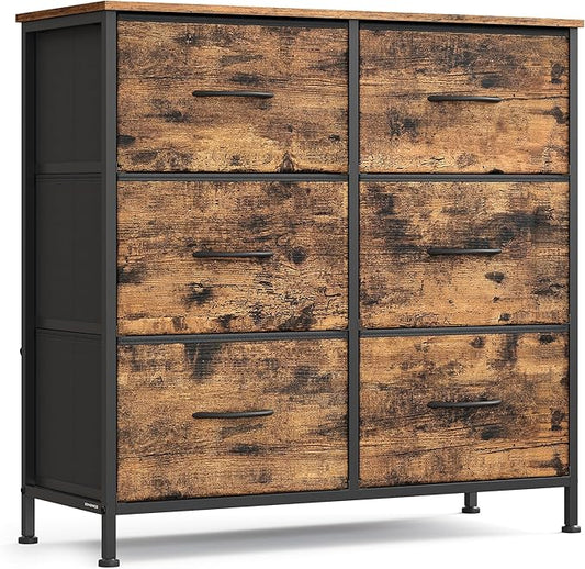 SONGMICS Dresser for Bedroom, Chest of Drawers, TV Stand, Steel, MDF, 6 Non-Woven Fabric Drawers, Storage Organizer Unit, Closet, Entryway, Rustic Brown and Ink Black ULGS123B02S