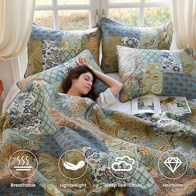 Secgo Queen Comforter Set for Bed - 100% Cotton Quilts Queen Size, Green, Sage Bedspreads (90 * 98 Inch) with 2 Pillow Shams, Patchwork Reversible Lightweight Bedding
