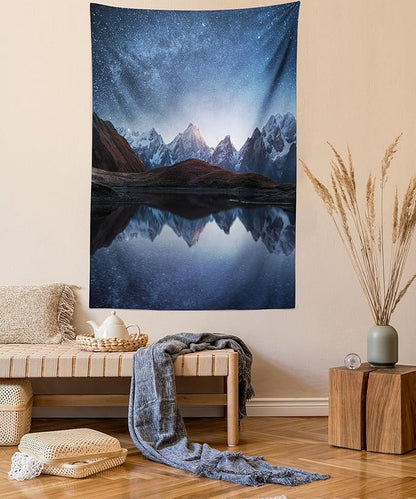 Lunarable Star Tapestry Queen Size, Night Sky with Milky Way Over a Mountain Landscape Lake Cosmos Galaxy Scenery Universe, Wall Hanging Bedspread Bed Cover Wall Decor, Queen Size, Brown Blue