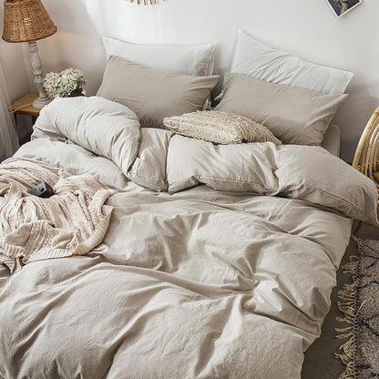 MooMee Bedding Duvet Cover Set 100% Washed Cotton Linen Like Textured Breathable Durable Soft Comfy (Heathered Tannish Linen Grey, Super King Plus 120"x120")