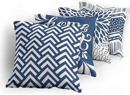 Ambesonne Modern Throw Pillow Cushion Case Pack of 4, Monochrome Design Sharp Angled Squama Scale Dahlia Chevron and Home Phrase, Modern Accent Double-Sided Digital Printing, 18", Dark Sky Blue White