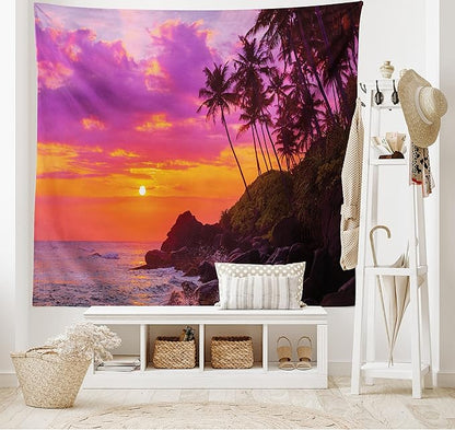 Ambesonne Ocean Tapestry, Exotic View of Tropical Beach by The Ocean with Palms and Waves Toward The Rocks, Wide Wall Hanging for Bedroom Living Room Dorm, 80" X 60", Purple Orange