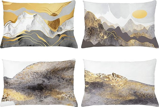 Ambesonne Marble Print Throw Pillow Cushion Case Pack of 4, Modern Art Design Paintbrush Stains Look with Mountains and Sun, Modern Accent Double-Sided Printing, 20" x 12", Mustard and Taupe Grey