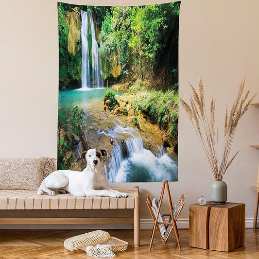 Lunarable Nature Tapestry King Size, Green Forest Waterfall and River Pool Pond Water Source Earth Landscape, Wall Hanging Bedspread Bed Cover Wall Decor, 88" X 88", Pale Brown and Green