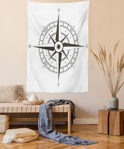 Ambesonne Compass Tapestry, Wind Rose Old Fashion Navigational Equipments Orienteering Illustration Print, Wall Hanging for Bedroom Living Room Dorm Decor, 40" X 60", Evergreen White