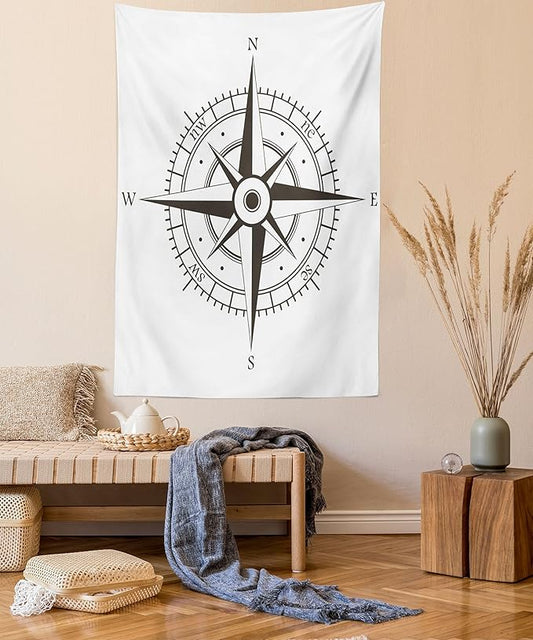 Ambesonne Compass Tapestry, Wind Rose Old Fashion Navigational Equipments Orienteering Illustration Print, Wall Hanging for Bedroom Living Room Dorm Decor, 40" X 60", Evergreen White