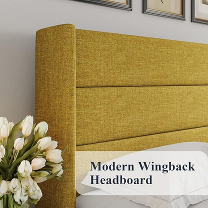 Allewie Full Size Lift Up Storage Bed, Modern Wingback Headboard, Hydraulic Support, No Box Spring Needed, Olive Yellow