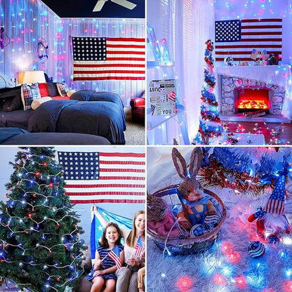 JMEXSUSS Red White and Blue Lights Clear Wire, 66 Ft 200 LED 4th of July Decorations String Lights Plug in, Christmas Light for Independence Day Celebration Party Memorial Day Patriotic Holidays Decor