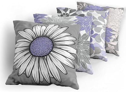 Ambesonne Floral Throw Pillow Cushion Case Pack of 4, Flower Petals Modern Color Palette Chamomile Peony Dahlia and Sunflower Print, Modern Accent Double-Sided Digital Printing, 20", Lavender and Grey