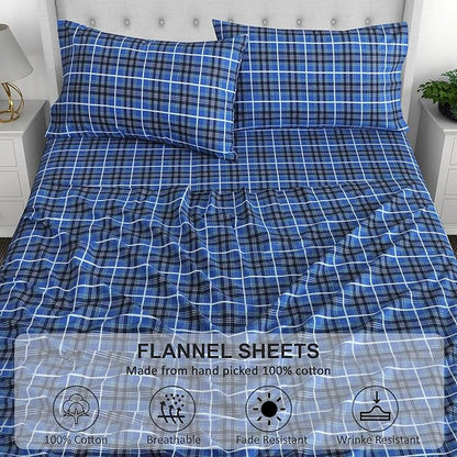 RUVANTI Flannel Sheets California King Size - 100% Cotton Brushed Cal King Bed Sheets Set - Deep Pockets 14 Inches - All Seasons Breathable & Extra Soft - Warm & Cozy, 4 Piece, Blue Plaid