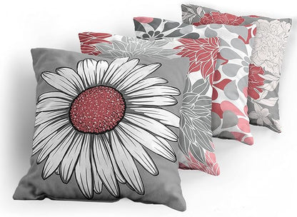 Ambesonne Floral Throw Pillow Cushion Case Pack of 4, Flower Petals Modern Color Palette Chamomile Peony Dahlia and Sunflower Print, Modern Accent Double-Sided Digital Printing, 20", Dark Coral Grey