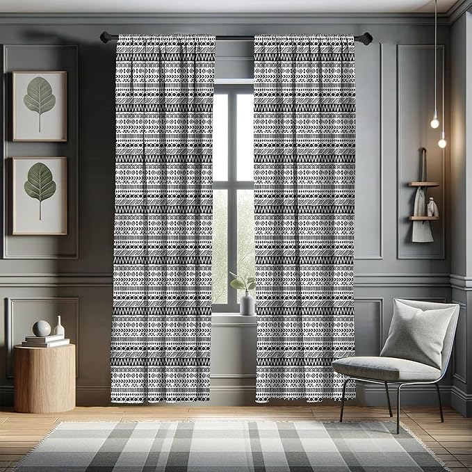Ambesonne Striped Curtains, Trippy Mystic Aztec Culture Antique Aged Folk Old Bohemian Print, Window Treatments 2 Panel Set for Living Room Bedroom, Pair of - 28" x 63", White Black