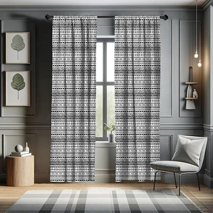 Ambesonne Striped Curtains, Trippy Mystic Aztec Culture Antique Aged Folk Old Bohemian Print, Window Treatments 2 Panel Set for Living Room Bedroom, Pair of - 28" x 95", White Black
