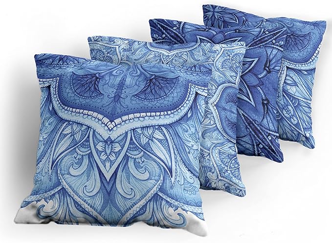 Ambesonne Ethnic Throw Pillow Cushion Case Pack of 4, Mandala Inspired Folk Art Themed Creative Motifs Mosaic Like Illustration Print, Modern Accent Double-Sided Digital Printing, 18", Blue White