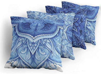 Ambesonne Ethnic Throw Pillow Cushion Case Pack of 4, Mandala Inspired Folk Art Themed Creative Motifs Mosaic Like Illustration Print, Modern Accent Double-Sided Digital Printing, 16", Blue White