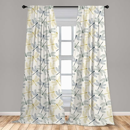 Ambesonne Dragonfly Window Curtains Pack of 2, Colorful Silhouettes of Exotic Insects Open Wings Beauty of Nature, Lightweight Set with Rod Pocket, 4 Panels of - 28" x 63", Green Mustard