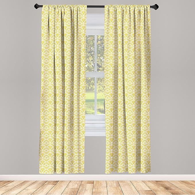 Ambesonne Abstract Window Curtains, Hand Drawn Vintage Half Circles Sun Themed Bohemian Ornamental Vibrant Pattern, Lightweight Decor 2-Panel Set with Rod Pocket, Pair of - 28" x 63", White and Yellow