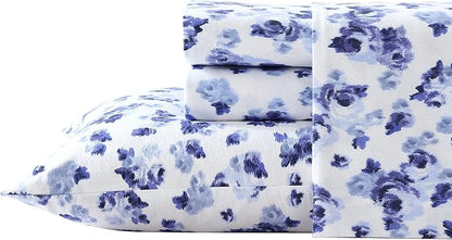 Laura Ashley - Flannel Sheets Queen Size, Anti-Pilling & Wrinkle Resistant Cotton, Touchably Soft for All-Season Comfort - Bed Sheets with Matching Pillowcases & Fitted Sheet (Emelisa Blue)