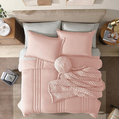 Monbix Queen Comforter Set - 7 Pieces Light Pink Bed in a Bag Queen Bedding Sets with Comforters, All Seasons Down Alternative Comforter Bed Set with Sheets, Pillowcases & Shams