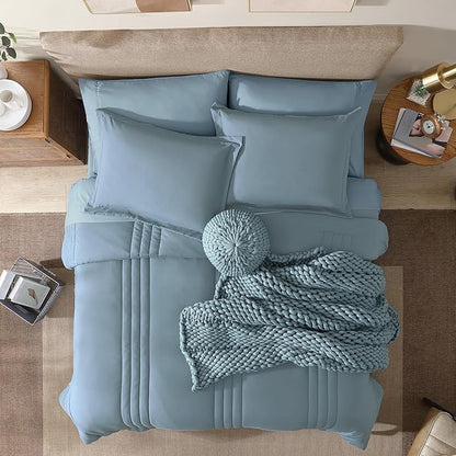 Monbix Full Comforter Set - 7 Pieces Dusty Blue Bed in a Bag Full Size Bedding Sets with Comforters, All Seasons Down Alternative Comforter with Sheets,Pillowcases & Shams