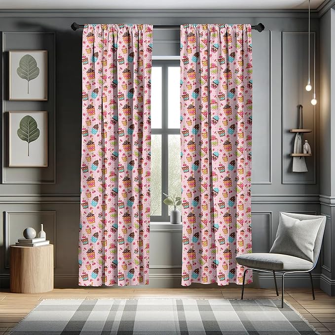 Ambesonne Pink Window Curtains, Kitchen Cupcakes Muffins Strawberries and Cherries Food Eating Sweets Print, Lightweight Decor 2-Panel Set with Rod Pocket, Pair of - 28" x 63", Brown Pink