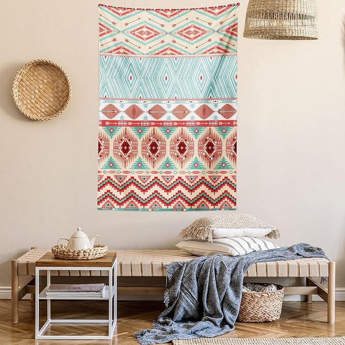 Lunarable Aztec Tapestry Queen Size, Culture Inspirations Ornamental Indigenous Chevron, Wall Hanging Bedspread Bed Cover Wall Decor, Queen Size, Turquoise Beige
