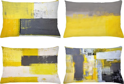 Ambesonne Modern Throw Pillow Cushion Case Pack of 4, Abstract Grunge Themed Geometric Squares Paintbrush Stroke Effect Ornament, Modern Accent Double-Sided Printing, 20" x 12", Yellow Grey