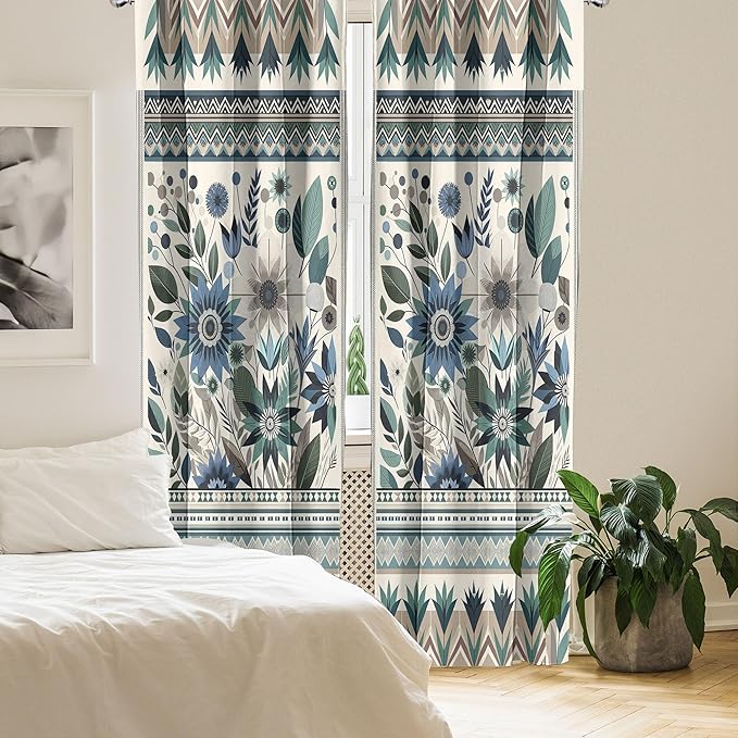 Ambesonne Art Floral Window Curtains Pack of 2, Gentle Flowers and Leaves of Spring Garden with Ethnic Boho Details, Lightweight Set with Rod Pocket, 4 Panels of - 28" x 95", Eggshell Laurel Green