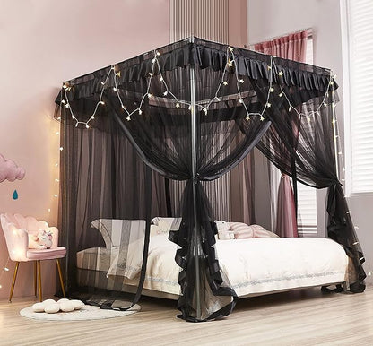 Mengersi Black Elegant 4 Corners Post Canopy Bed Curtains Mosquito Net Bed Drapes Full Size
