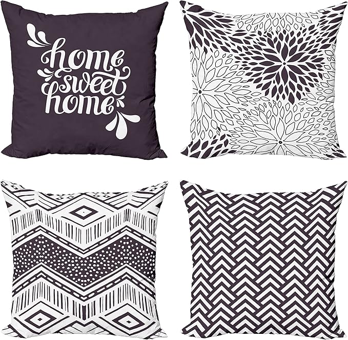 Ambesonne Geometric Throw Pillow Cushion Case Pack of 4, Home Phrase Minimal Zigzag Squama Dahlia Flower Petals Chevron Tribal, Modern Accent Double-Sided Digital Printing, 20", Dark Mauve and White