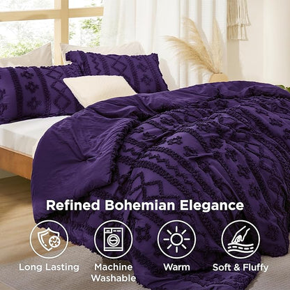 Bedsure Tufted Boho Comforter Set Queen Size - Purple Boho Bed Set, GentleSoft™ 3 Pieces Farmhouse Shabby Chic Embroidery Bedding, Gifts for Woman, Soft Jacquard Queen Comforter for All Seasons
