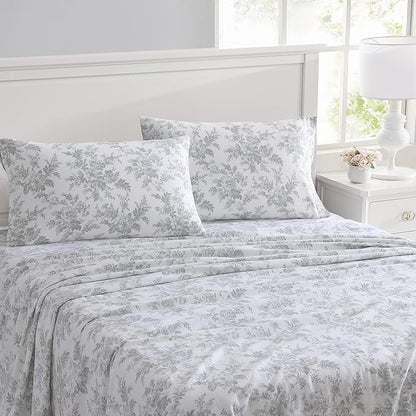 Laura Ashley - Flannel Sheets King Size, Anti-Pilling & Wrinkle Resistant Cotton, Touchably Soft for All-Season Comfort - Bed Sheets with Matching Pillowcases & Fitted Sheet (Vanessa Grey)