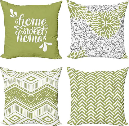 Ambesonne Geometric Throw Pillow Cushion Case Pack of 4, Home Phrase Minimal Zigzag Squama Dahlia Flower Petals Chevron Tribal, Modern Accent Double-Sided Digital Printing, 16", Green and White