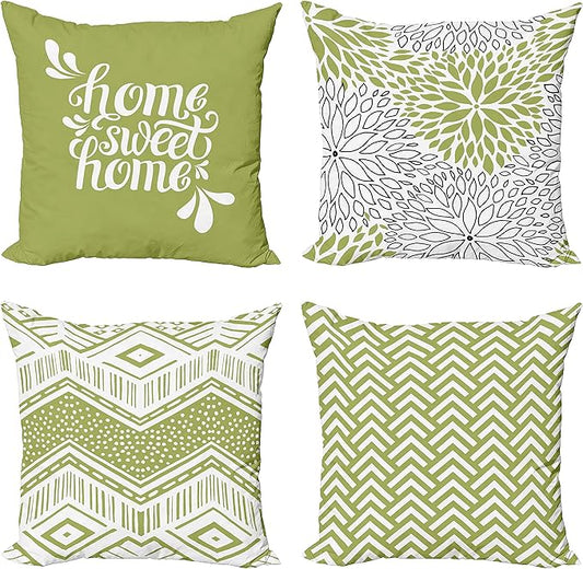 Ambesonne Geometric Throw Pillow Cushion Case Pack of 4, Home Phrase Minimal Zigzag Squama Dahlia Flower Petals Chevron Tribal, Modern Accent Double-Sided Digital Printing, 16", Green and White