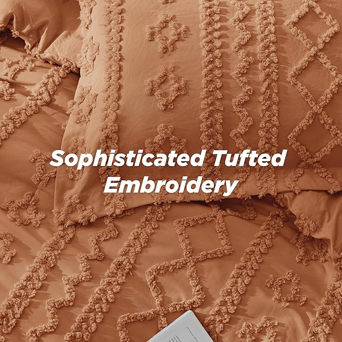 Bedsure Tufted Boho Comforter Set King Size - Pumpkin Boho Bed Set, GentleSoft™ 3 Pieces Farmhouse Shabby Chic Embroidery Bedding, Gifts for Woman, Soft Jacquard King Comforter for All Seasons