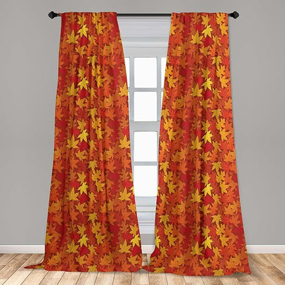 Ambesonne Orange Window Curtains, Colorful Autumn Fall Season Maple Leaves in Unusual Designs Nature Print, Lightweight Decorative Panels Set of 2 with Rod Pocket, Pair of - 28" x 63", Burnt Orange