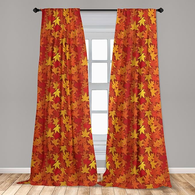 Ambesonne Orange Window Curtains Pack of 2, Colorful Autumn Fall Season Maple Leaves in Unusual Designs Nature Print, Lightweight Set with Rod Pocket, 4 Panels of - 28" x 63", Burnt Orange