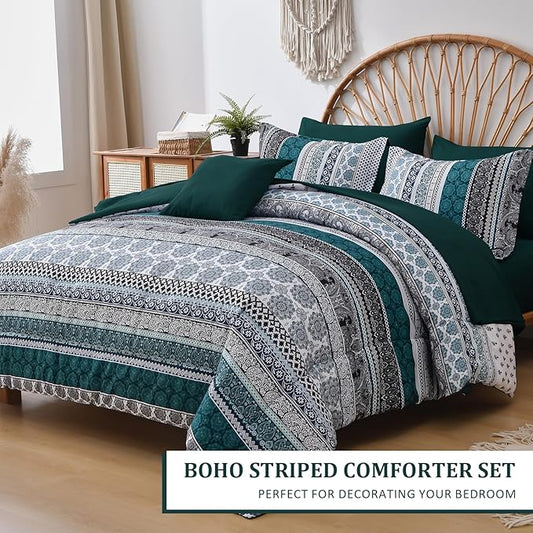 Cottolester Boho Comforter Set Queen Size,8 Pieces Emerald Green Bohemian Striped Bed in a Bag,Paisley Soft Microfiber Bedding Comforter Set