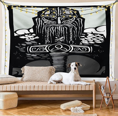 Lunarable Viking Tapestry King Size, Thor Son of Odin Monochrome Design Guardian of Asgard Scandinavian Culture, Wall Hanging Bedspread Bed Cover Wall Decor, King Size, Black White
