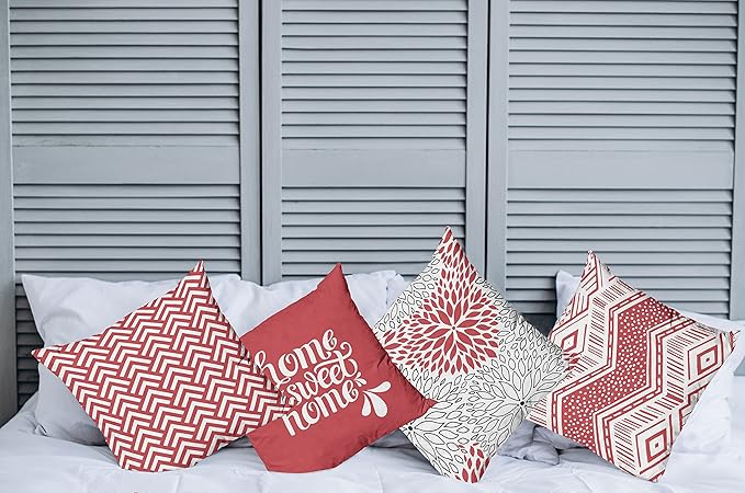 Ambesonne Geometric Throw Pillow Cushion Case Pack of 4, Home Phrase Minimal Zigzag Squama Dahlia Flower Petals Chevron Tribal, Modern Accent Double-Sided Digital Printing, 24", Dark Coral and White