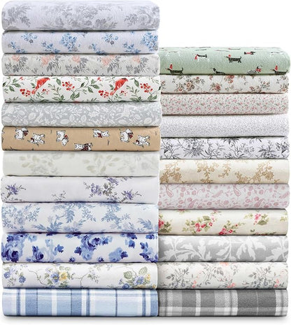 Laura Ashley - Flannel Sheets Twin Size, Anti-Pilling & Wrinkle Resistant Cotton, Touchably Soft for All-Season Comfort - Bed Sheets with Matching Pillowcase & Fitted Sheet (Jolly Cardinals Green)