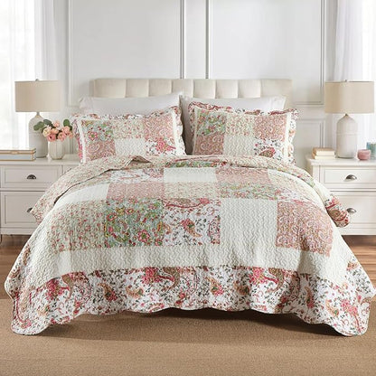 Secgo Queen Comforter Set for Bed - 100% Cotton Quilts Queen Size, Black Bedspreads (90 * 98 Inch) with 2 Pillow Shams, Patchwork Reversible Lightweight Bedding