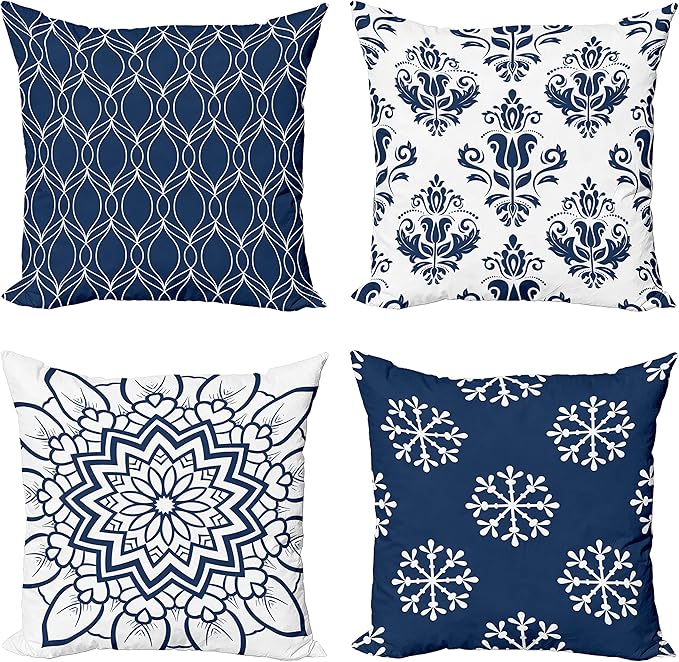 Ambesonne Retro Throw Pillow Cushion Case Pack of 4, Trellis Grid Medieval Floral Damask Mandala Flower Ornament in Modern Monochrome, Modern Accent Double-Sided Digital Printing, 24", Dark Sky Blue