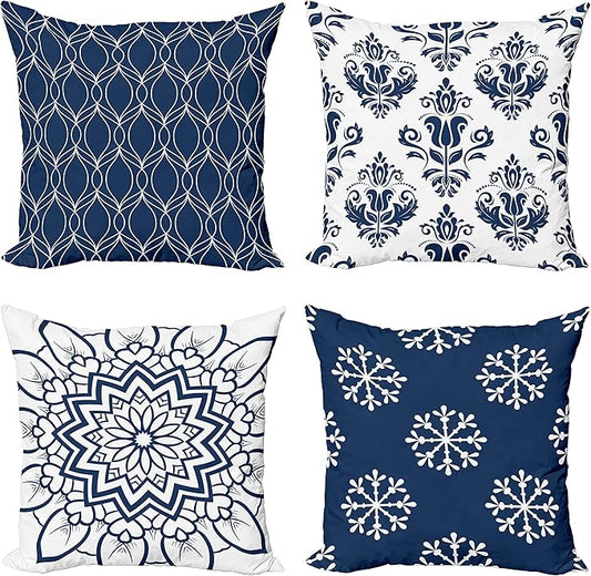 Ambesonne Retro Throw Pillow Cushion Case Pack of 4, Trellis Grid Medieval Floral Damask Mandala Flower Ornament in Modern Monochrome, Modern Accent Double-Sided Digital Printing, 20", Dark Sky Blue